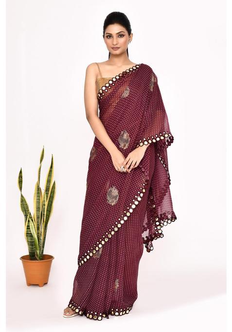 Burgundy Printed Chiffon Saree Set