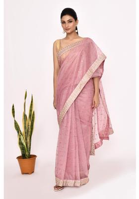 Pink Embroidered Organza Saree Set