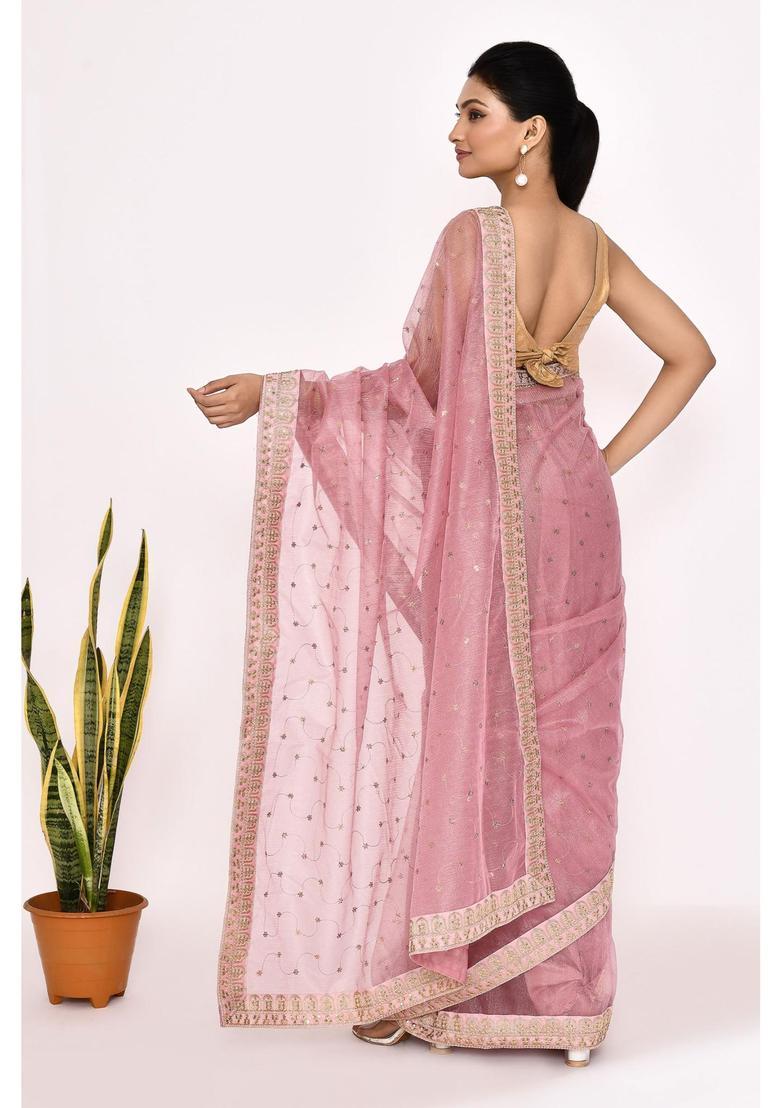 Pink Embroidered Organza Saree Set - Indya