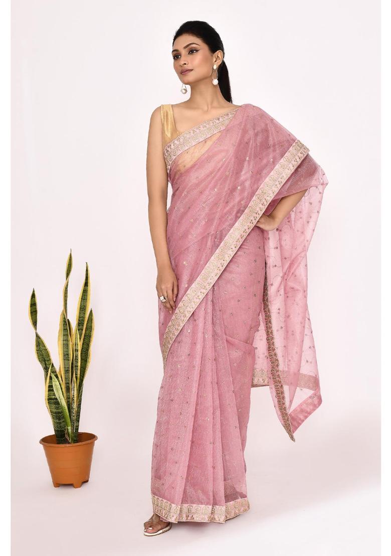 Pink Embroidered Organza Saree Set - Indya