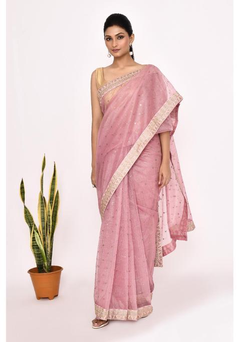 Pink Embroidered Organza Saree Set