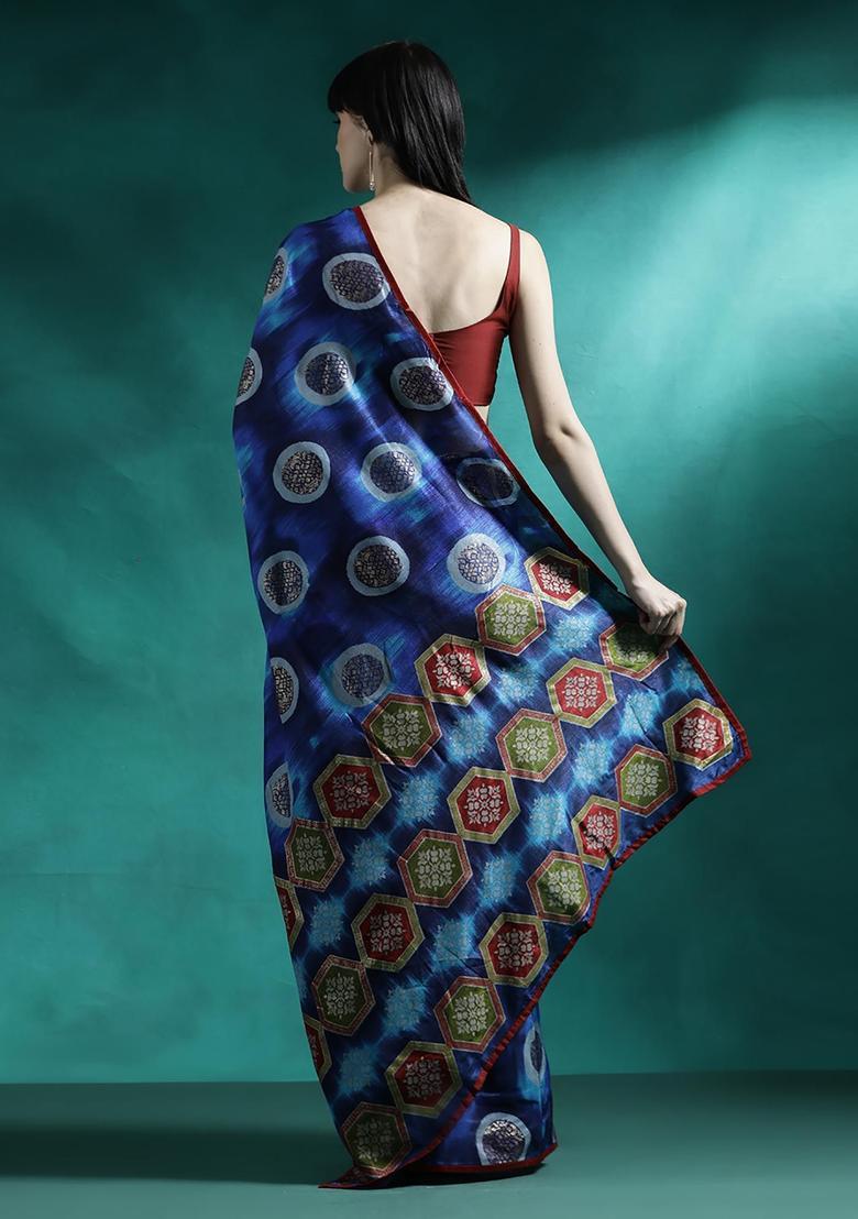 Royal Blue Tie And Dye Georgette Saree Set - Indya