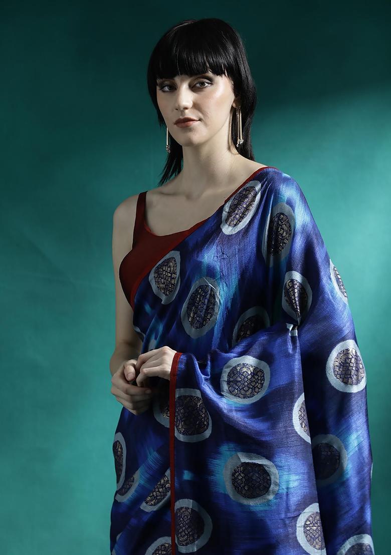 Royal Blue Tie And Dye Georgette Saree Set - Indya