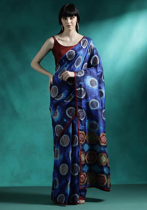 Royal Blue Tie And Dye Georgette Saree Set