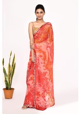 Orange Printed Chiffon Saree Set