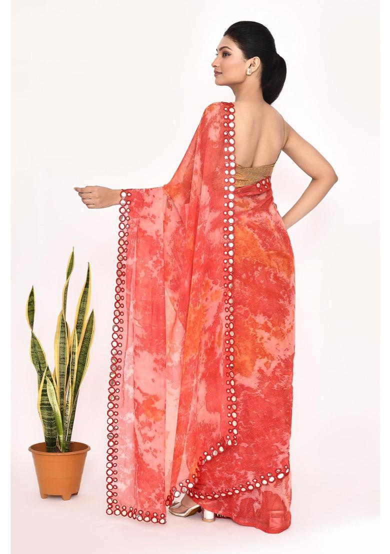 Orange Printed Chiffon Saree Set - Indya
