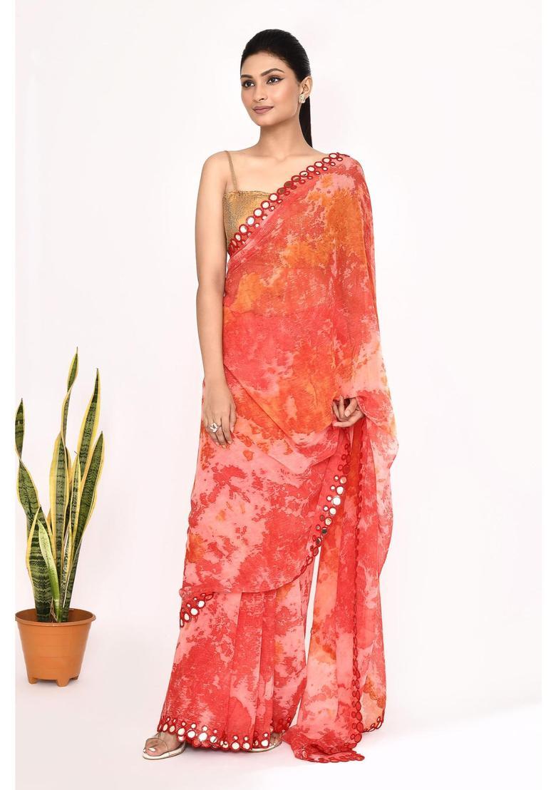 Orange Printed Chiffon Saree Set - Indya