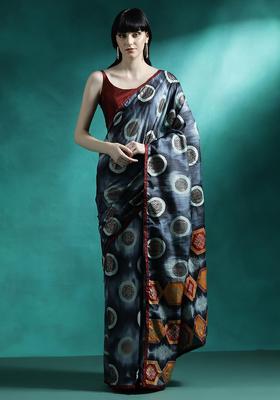 Grey Geometric Print Georgette Saree Set