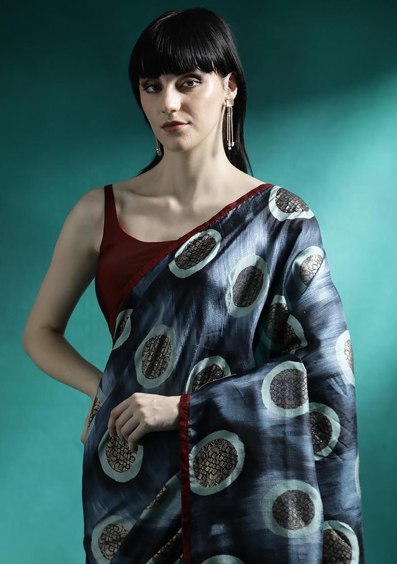 Grey Geometric Print Georgette Saree Set - Indya