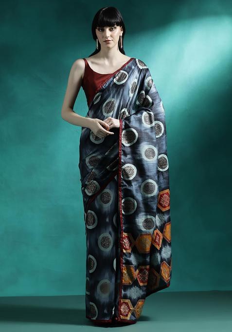 Grey Geometric Print Georgette Saree Set