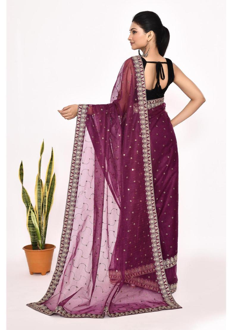 Purple Embroidered Organza Saree Set - Indya