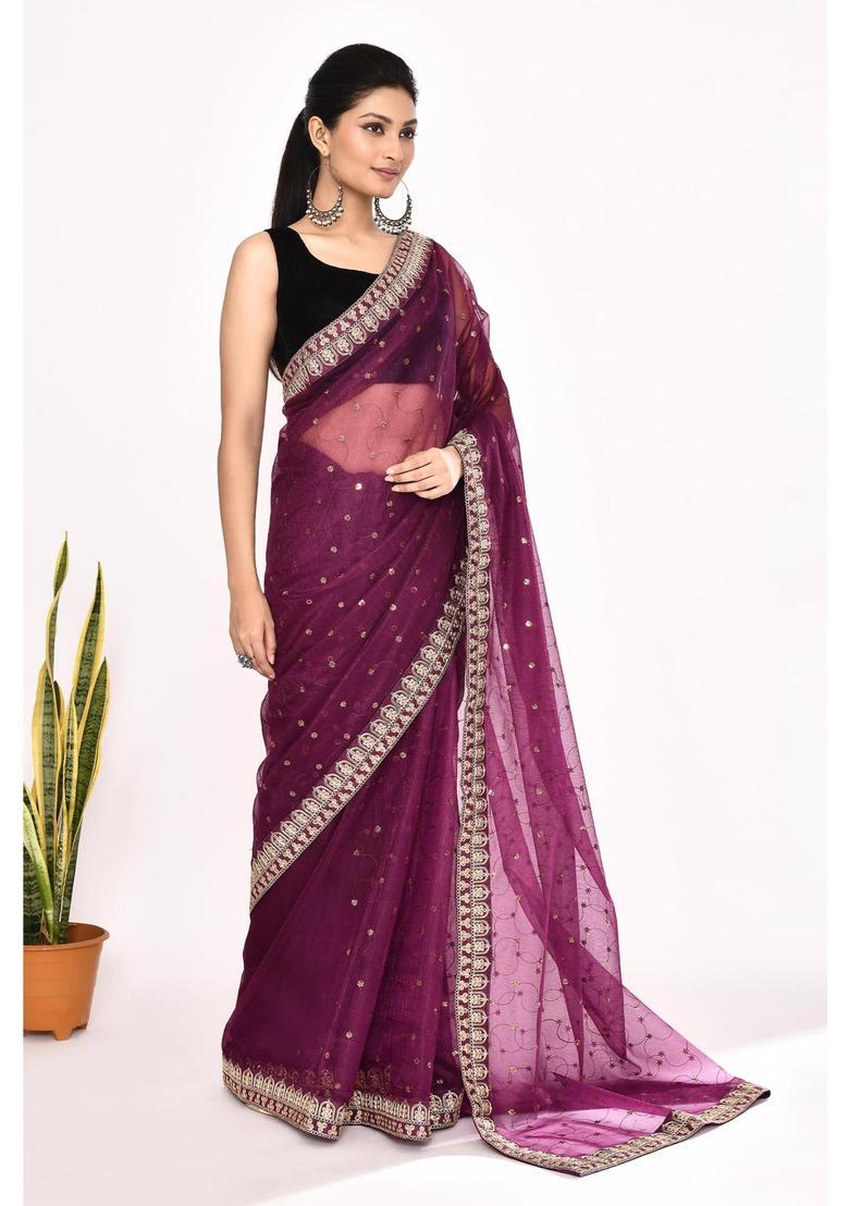 Purple Embroidered Organza Saree Set - Indya