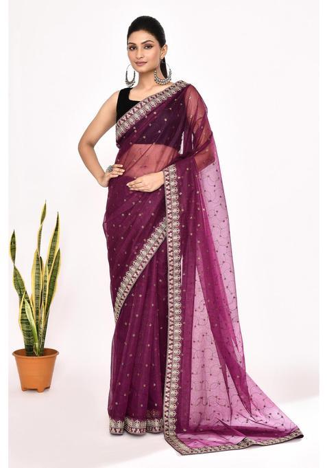 Purple Embroidered Organza Saree Set