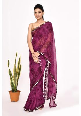 Purple Printed Chiffon Saree Set
