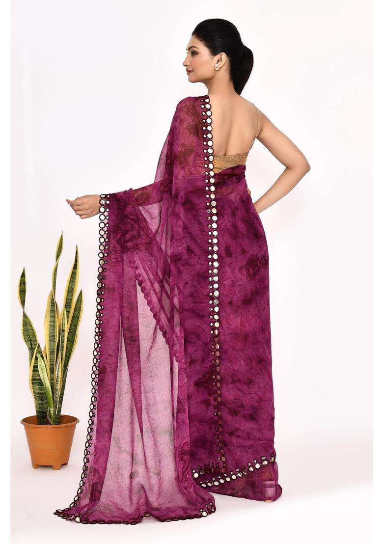 Purple Printed Chiffon Saree Set - Indya