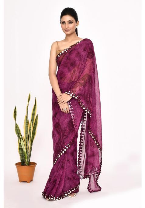 Purple Printed Chiffon Saree Set