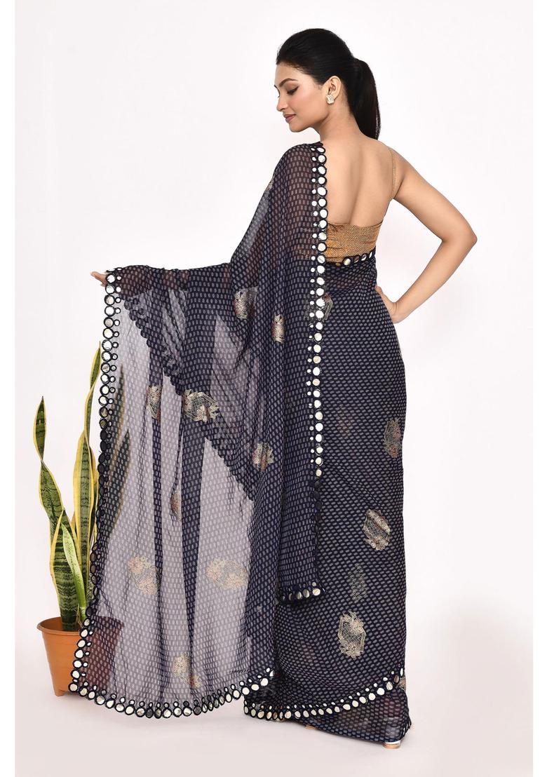 Blue Printed Chiffon Saree Set - Indya