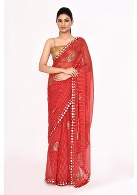 Red Printed Chiffon Saree Set