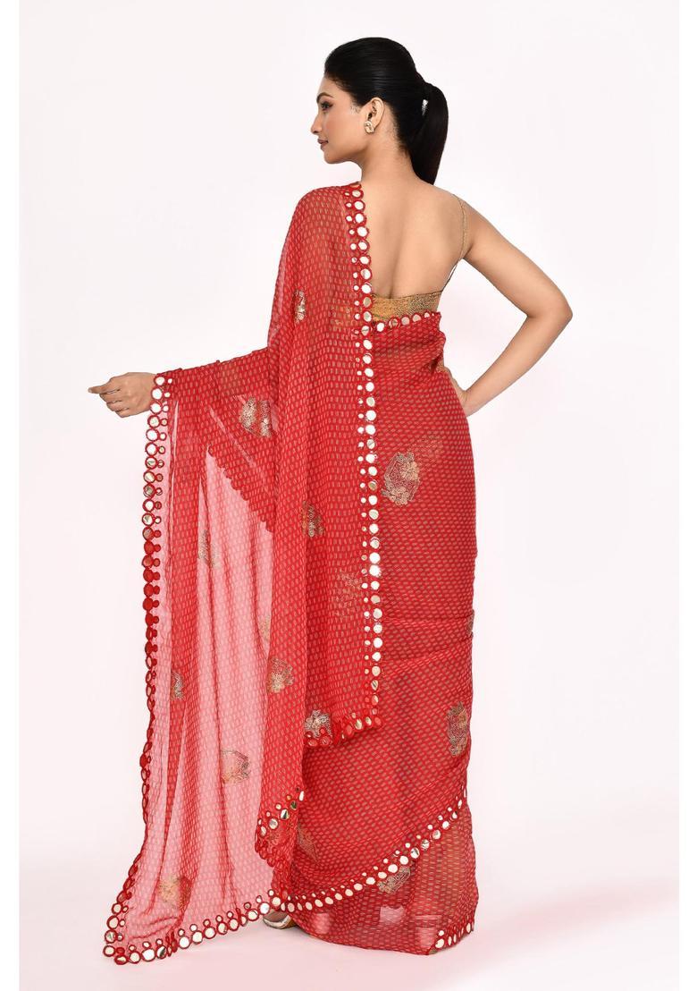 Red Printed Chiffon Saree Set - Indya