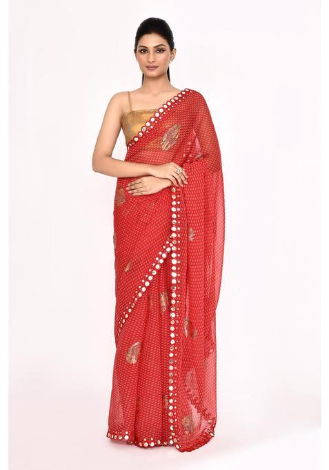 Red Printed Chiffon Saree Set