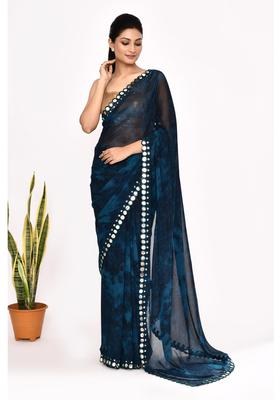 Navy Blue Printed Chiffon Saree Set