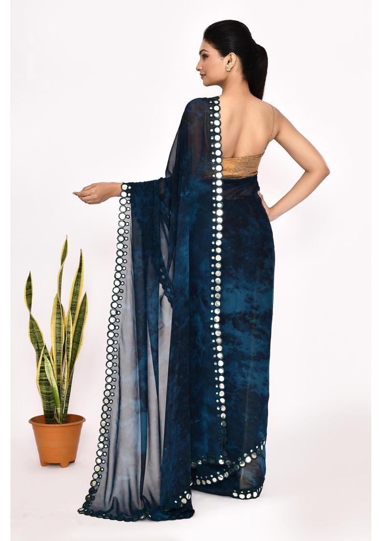 Navy Blue Printed Chiffon Saree Set - Indya