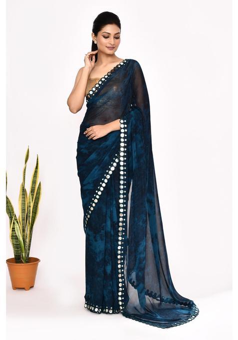 Navy Blue Printed Chiffon Saree Set