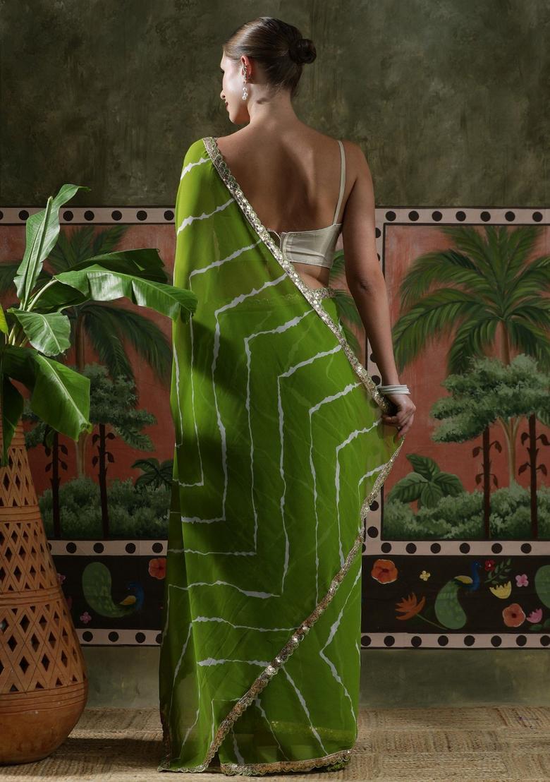 Green Stripes Georgette Saree Set - Indya