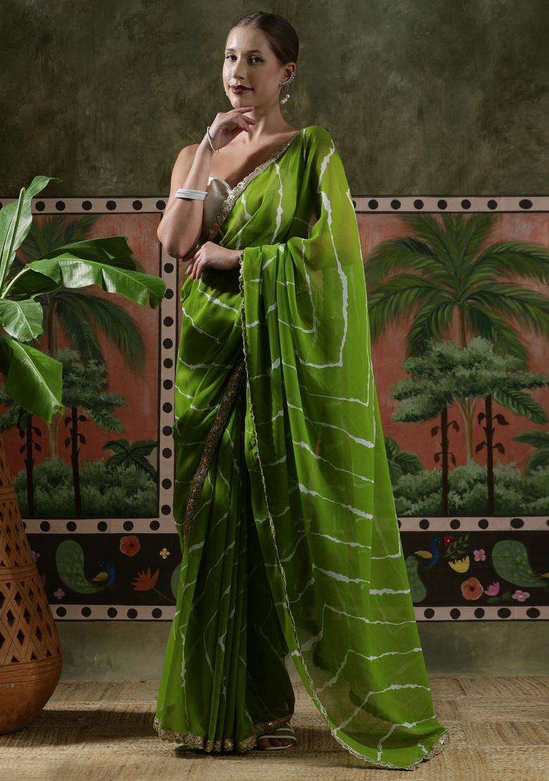 Green Stripes Georgette Saree Set for Diwali | Wedding & Festive Wear - Indya