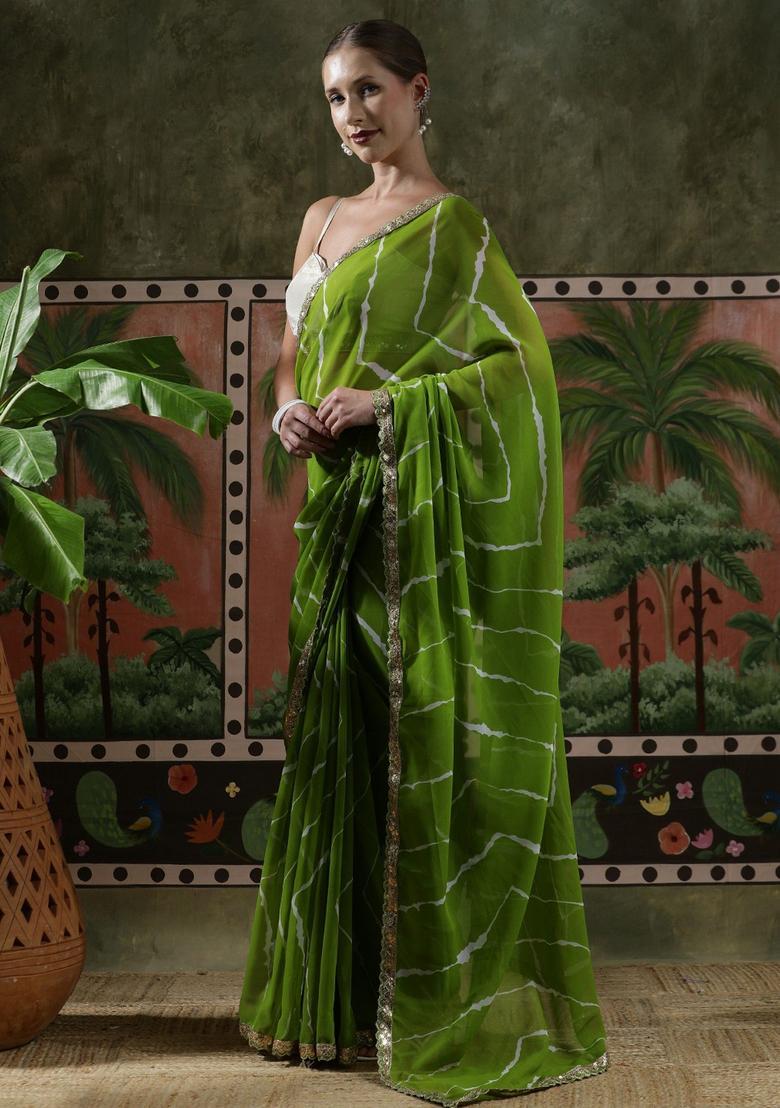 Green Stripes Georgette Saree Set - Indya