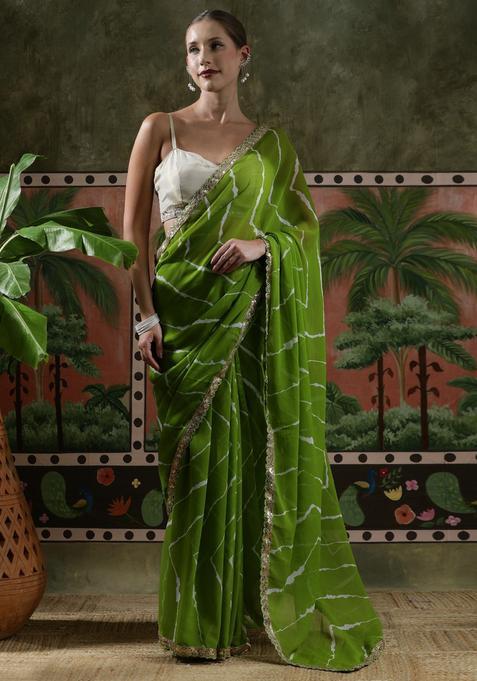 Green Stripes Georgette Saree Set