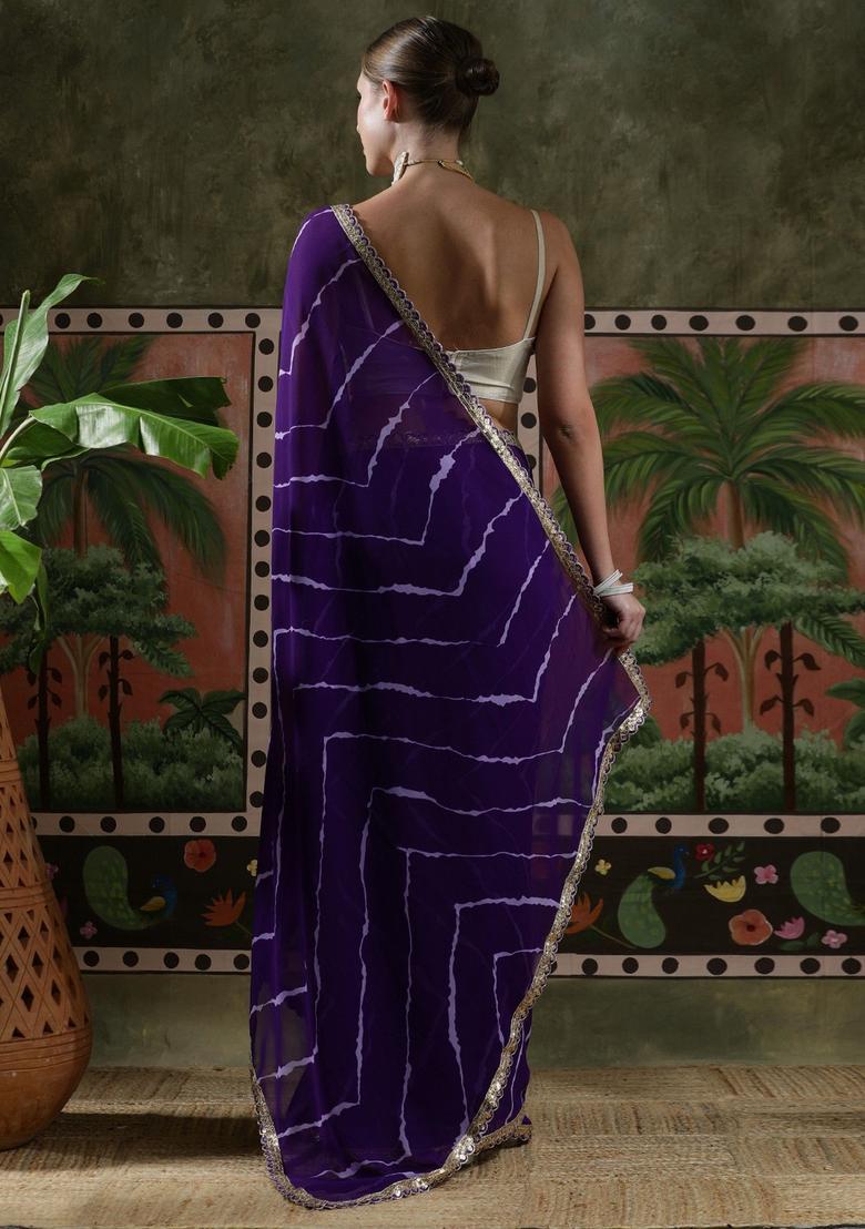 Purple Stripes Georgette Saree Set - Indya