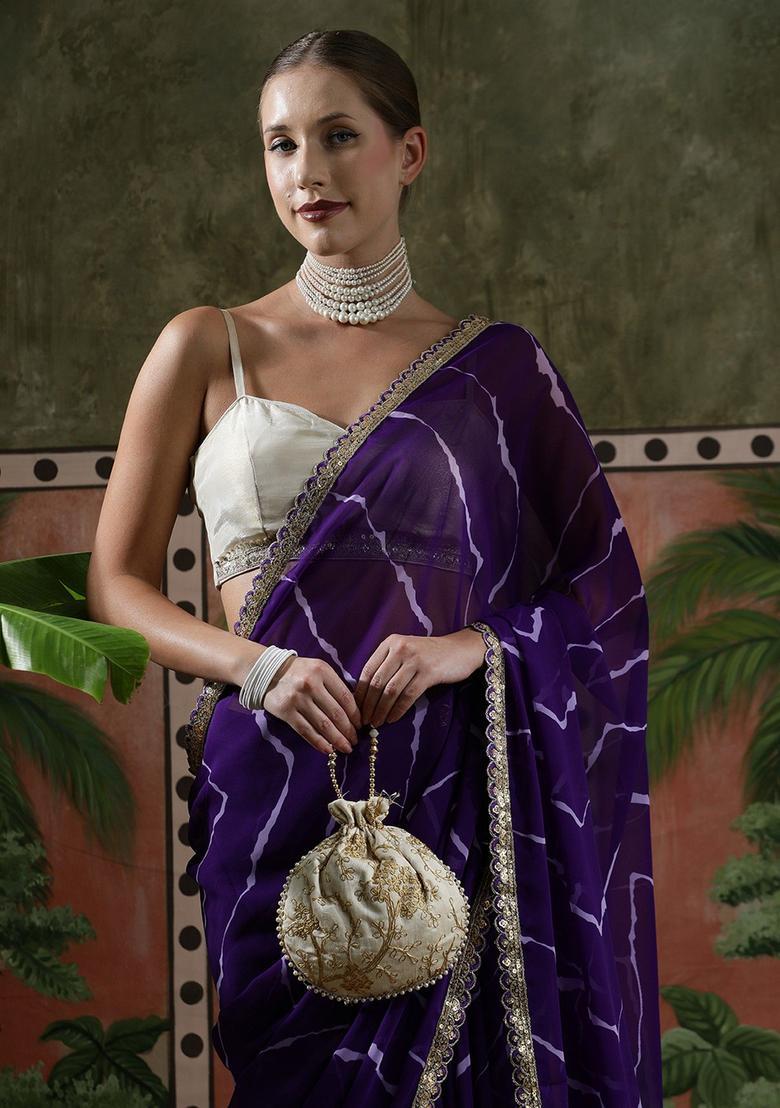 Purple Stripes Georgette Saree Set - Indya