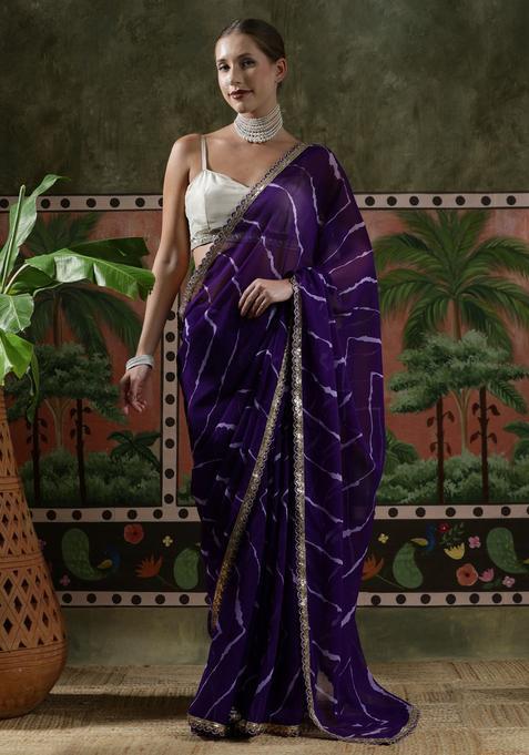 Purple Stripes Georgette Saree Set