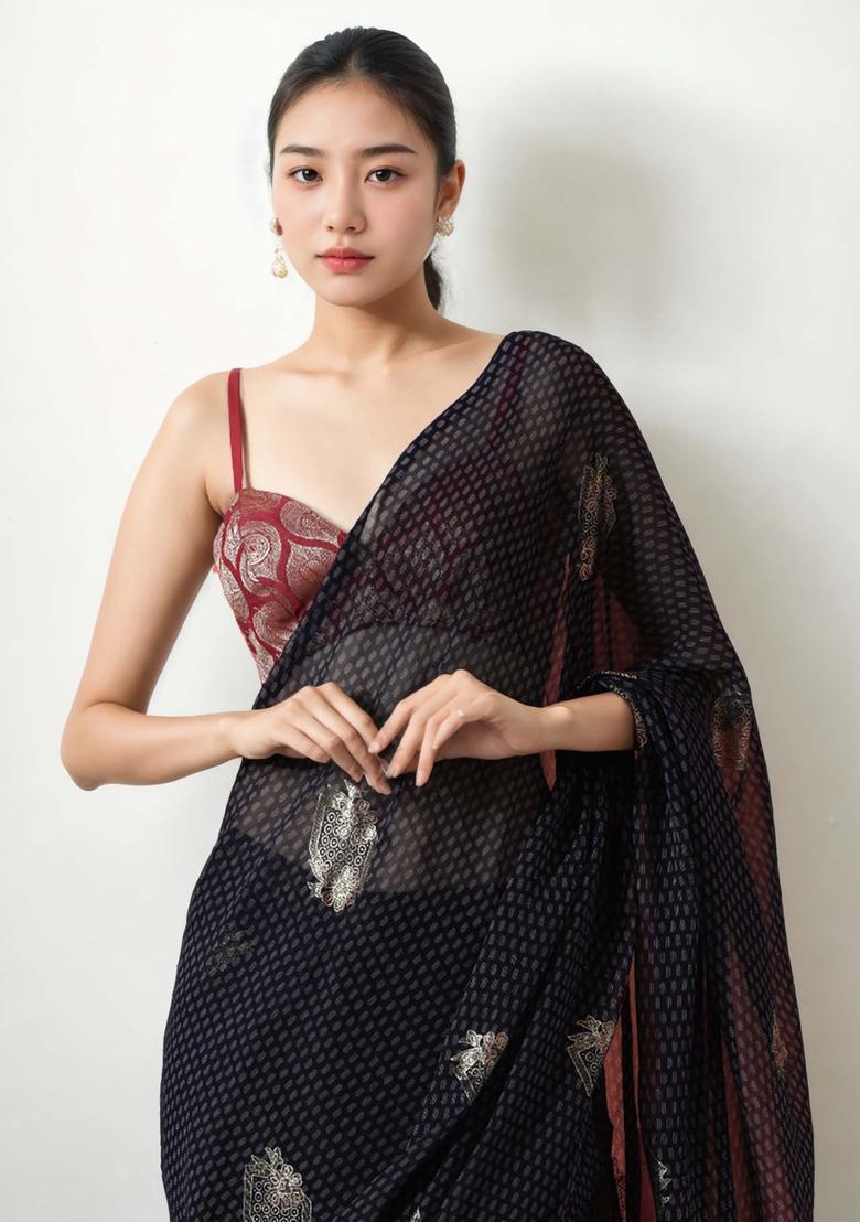 Blue Geometric Print Chinon Saree Set - Indya