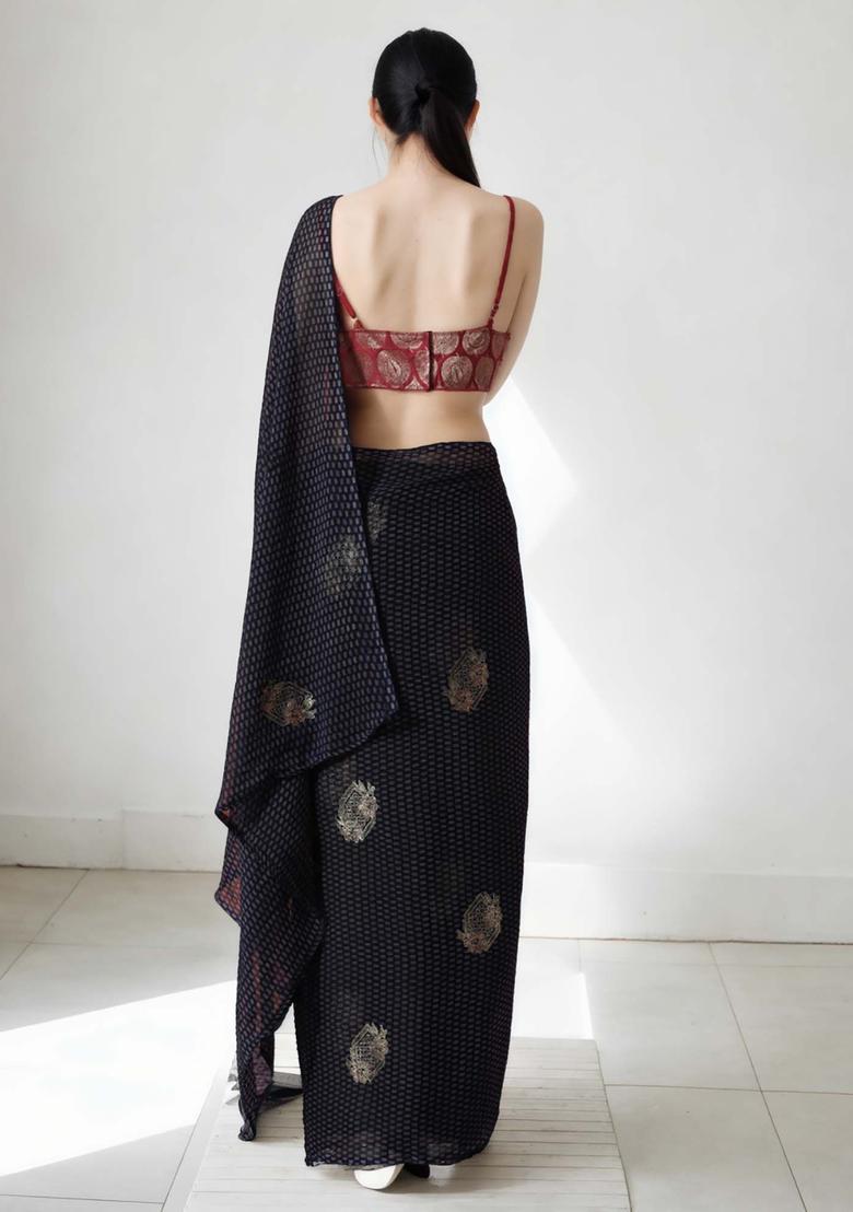 Blue Geometric Print Chinon Saree Set - Indya