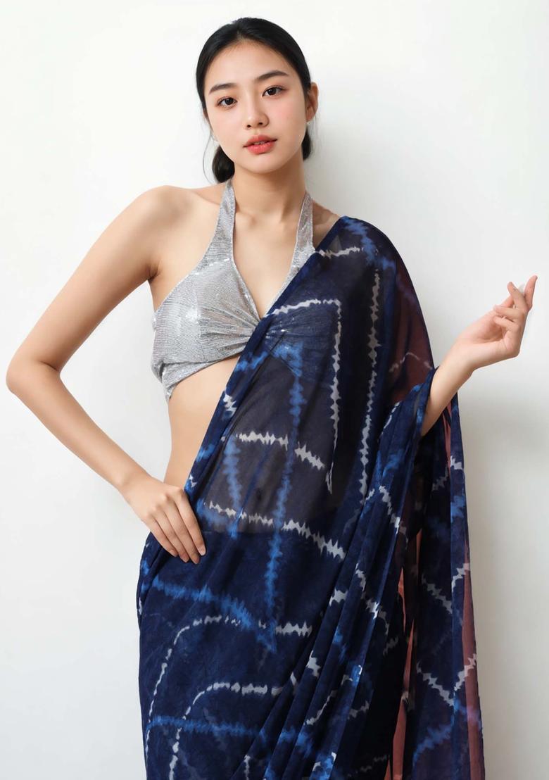 Blue Tie And Dye Chinon Saree Set - Indya