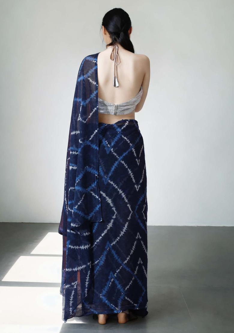 Blue Tie And Dye Chinon Saree Set - Indya