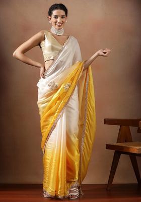 Yellow Embroidered Silk Blend Saree Set