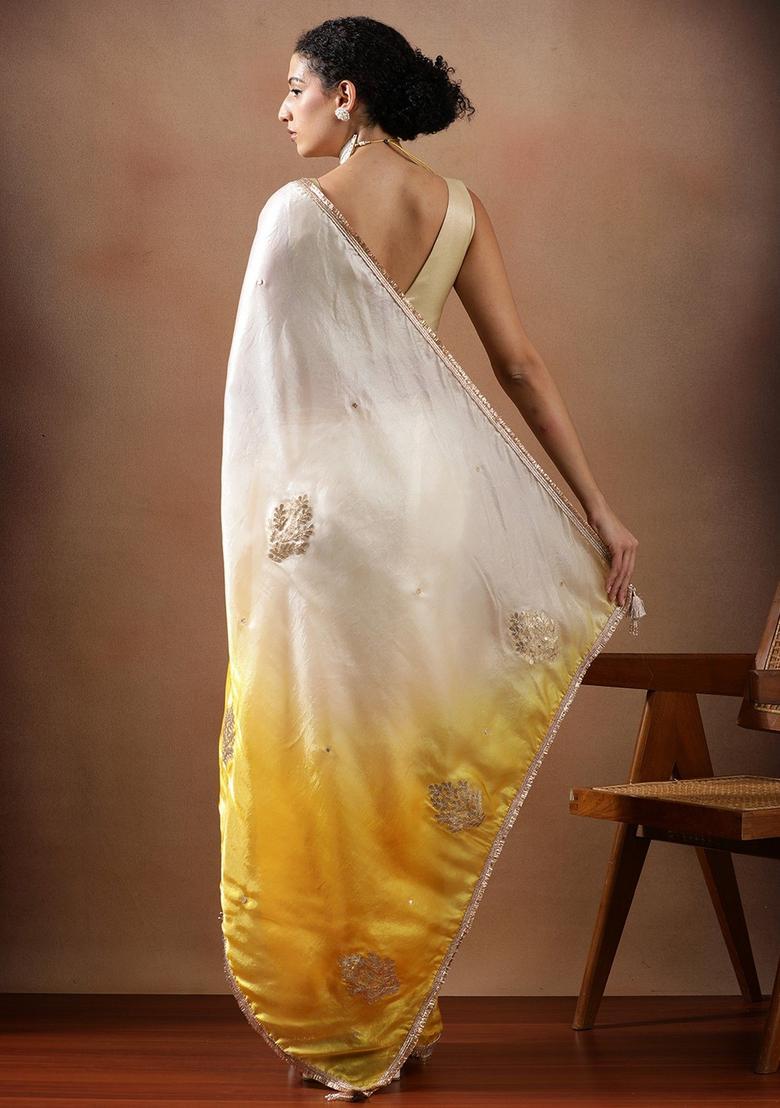 Yellow Embroidered Silk Blend Saree Set - Indya