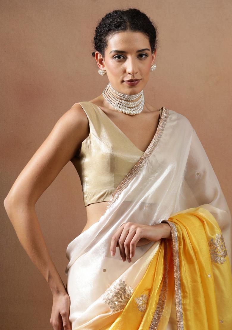 Yellow Embroidered Silk Blend Saree Set - Indya