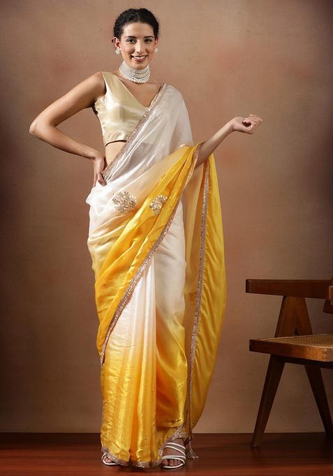 Yellow Embroidered Silk Blend Saree Set