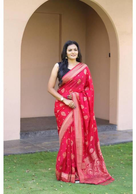 Pink Woven Silk Blend Saree Set