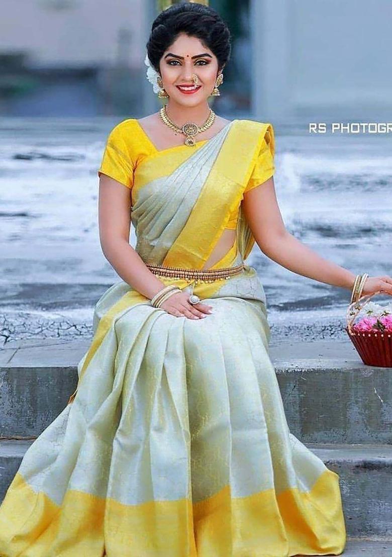 Grey Woven Jacquard Saree Set - Indya