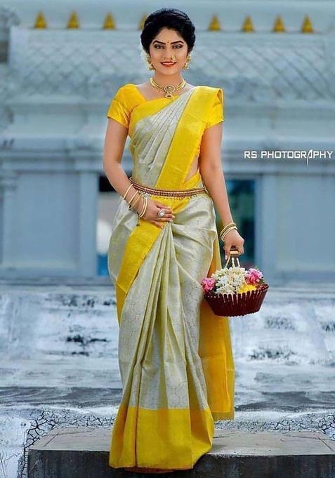 Grey Woven Jacquard Saree Set
