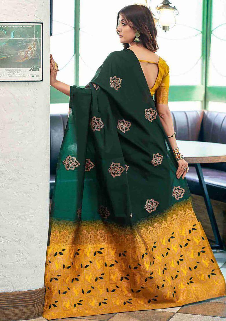 Emerald Green Woven Jacquard Saree Set - Indya