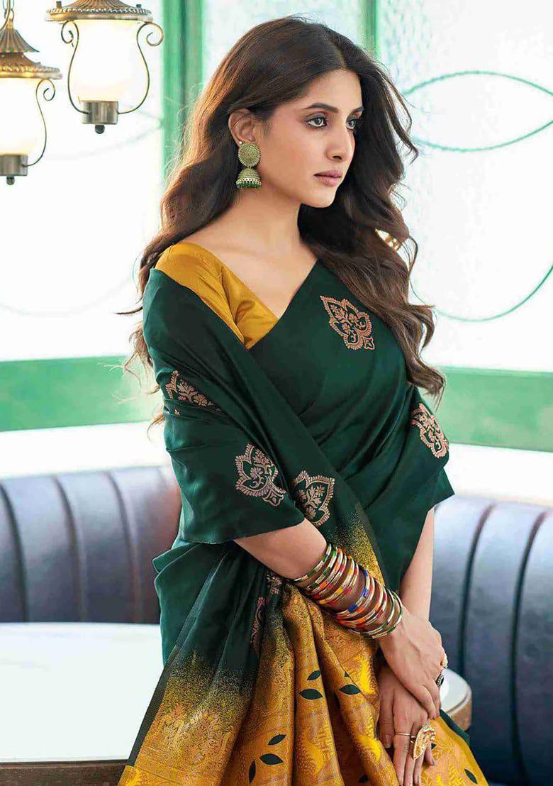 Emerald Green Woven Jacquard Saree Set - Indya