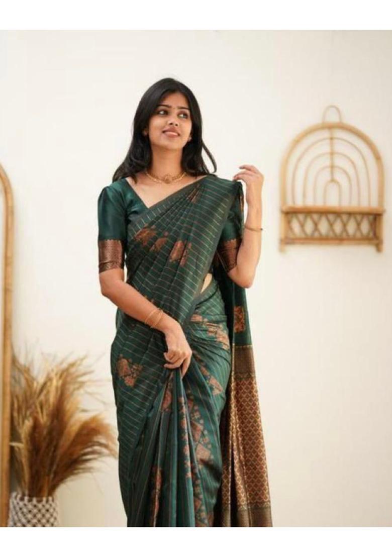 Green Printed Jacquard Saree Set - Indya