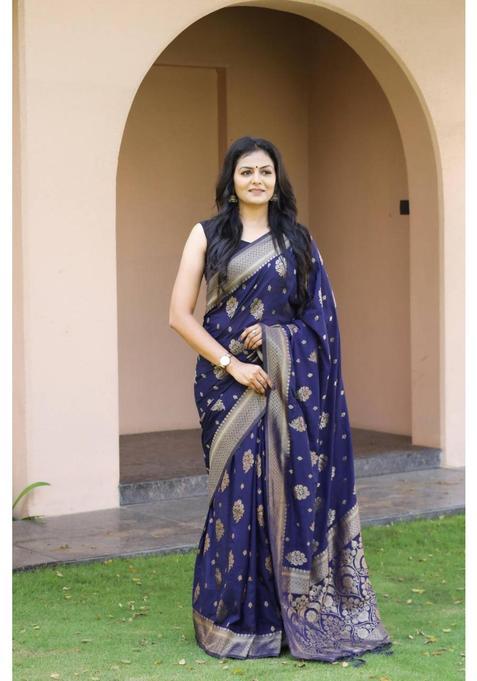 Blue Woven Silk Blend Saree Set