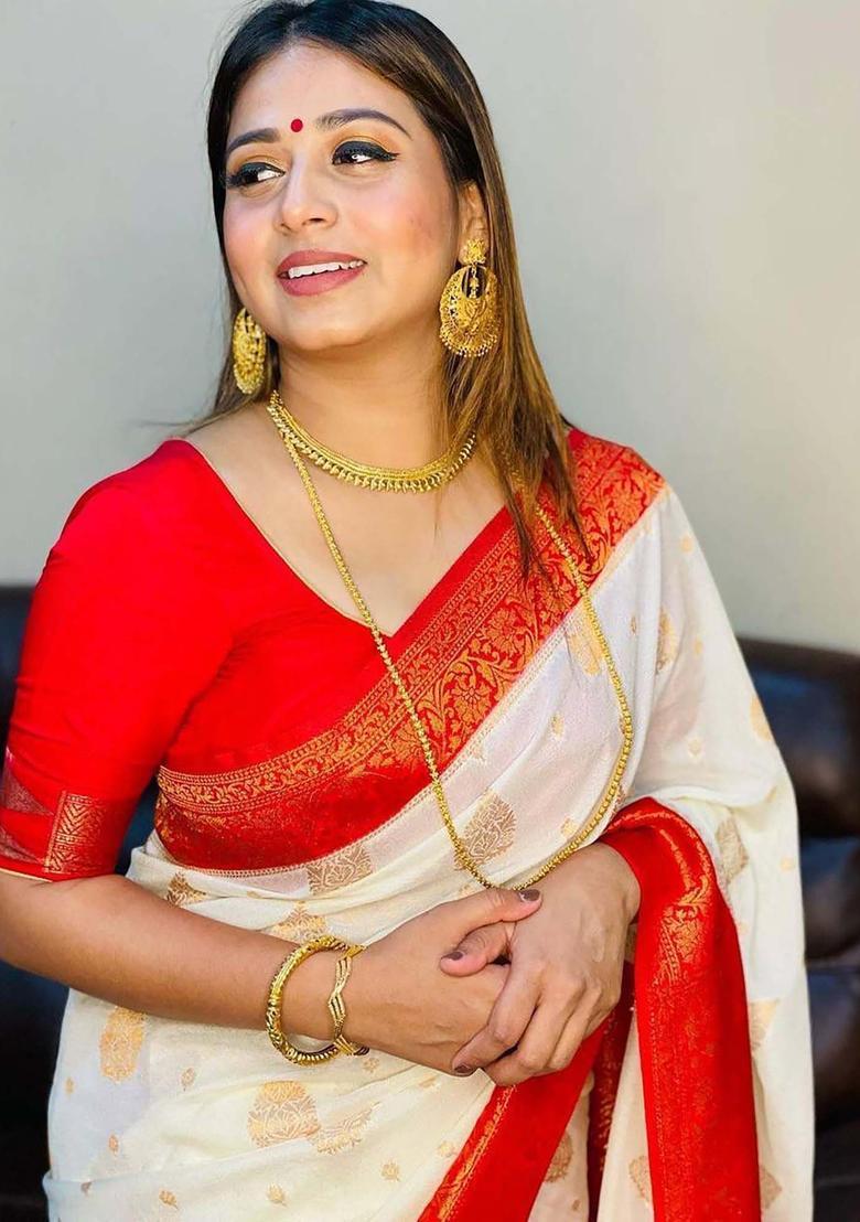Cream Woven Silk Blend Saree Set - Indya